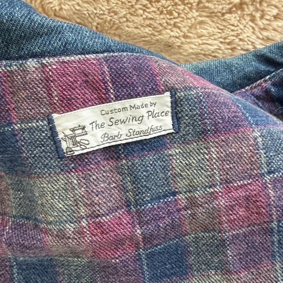 Vintage 80’s Denim Long Duster Blue Pink Plaid Lined Long Coat Sz L Jean Heavy - Picture 17 of 17